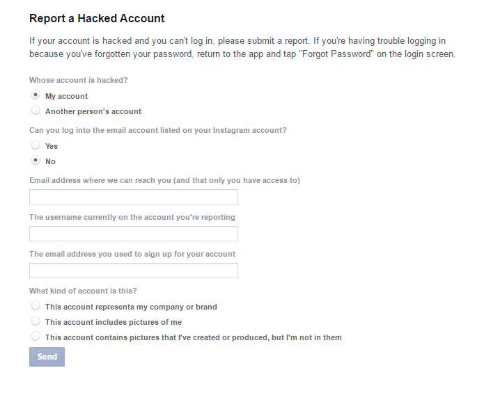 Formulário do Instagram permite reportar quando conta de usuário é hackeada (Foto: Reprodução/Instagram)