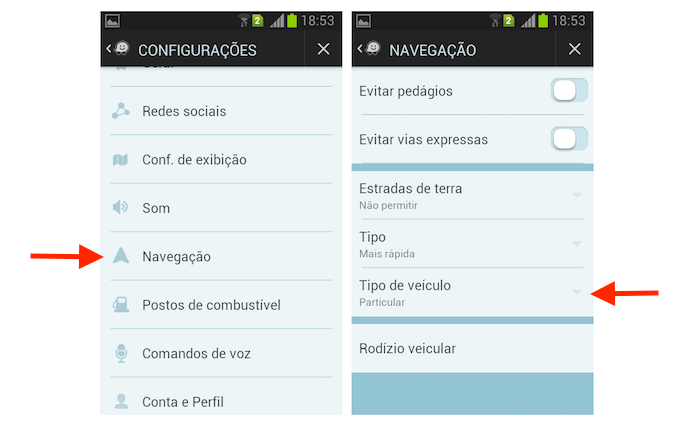 Acessando as opções para tipo de veículo no Waze para Android (Foto: Reprodução/Marvin Costa)