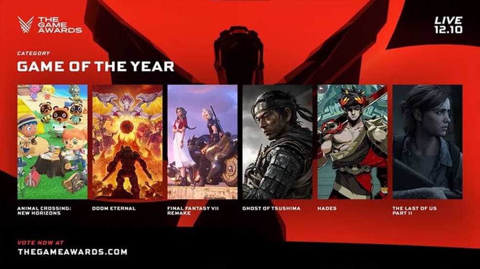 The Game Awards 2020 irá decidir qual o melhor jogo do ano entre títulos como Last of Us Part 2, Final Fantasy 7, Animal Crossing, Ghost of Tsushima e mais — Foto: Divulgação/The Game Awards
