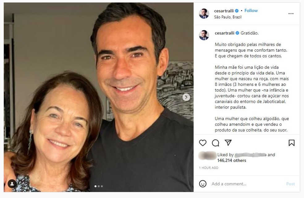 O jornalista Cesar Tralli agradeceu as mensagens de apoio e prestou homenagens a sua mãe.  — Foto: Redes sociais/Reprodução