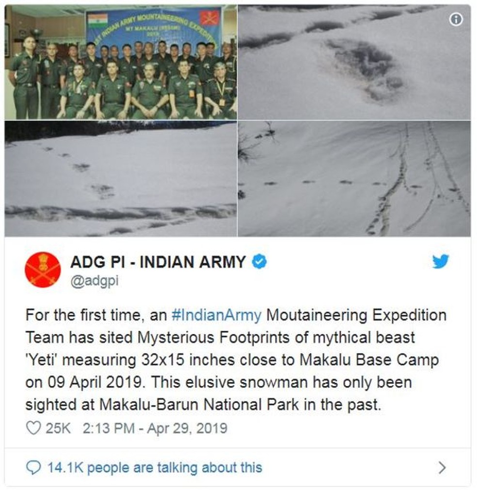 'Pela primeira vez, uma expedição do #Exército Indiano encontrou misteriosas pegadas da besta mítica 'Yeti', medindo 81 por 38 centímetros', diz o tuíte — Foto: Reprodução/Twitter/Exército Indiano