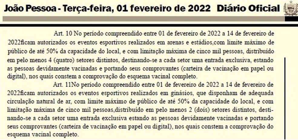 Trecho do novo decreto do Governo da Paraíba, sobre as condições — Foto: Reprodução / DOU