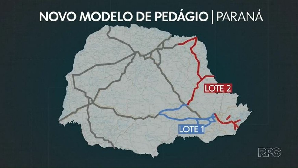 Mapa mostra trechos que compõem lotes 1 e 2 do novo pedágio do Paraná — Foto: Arte/RPC Curitiba