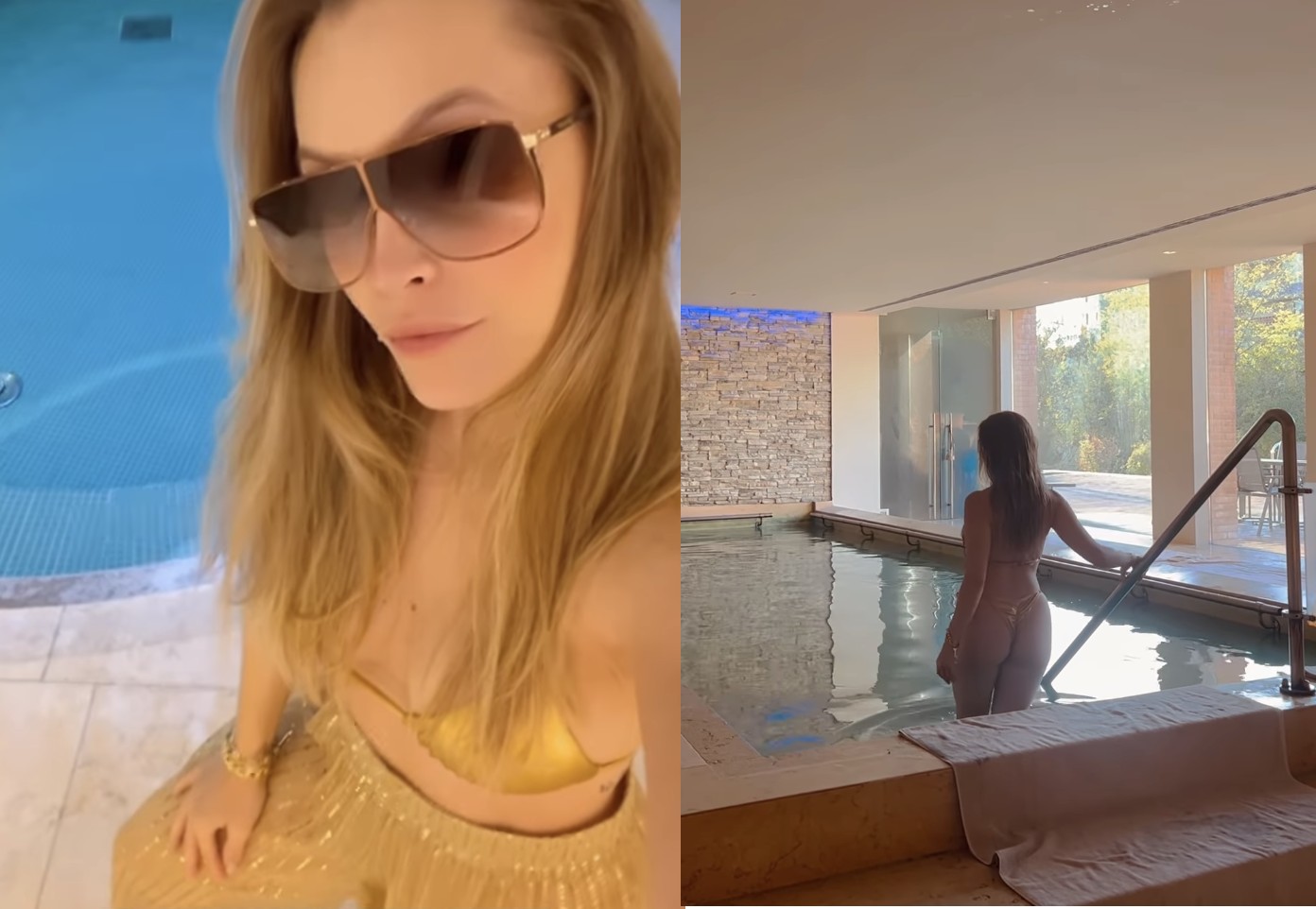 Carla Diaz em piscina de água salgada de hotel na Toscana