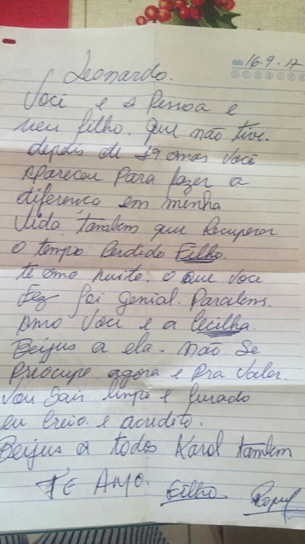 Em carta, o vigilante brasiliense Orlandino Ferreira Roque diz a filho querer recuperar tempo perdido (Foto: Leonardo Pereira da Silva Roque/Arquivo Pessoal)