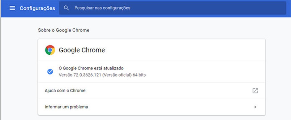  Página de configuração do Google Chrome informa versão instalada e atualiza o navegador se uma versão mais recente estiver disponível — Foto: Reprodução