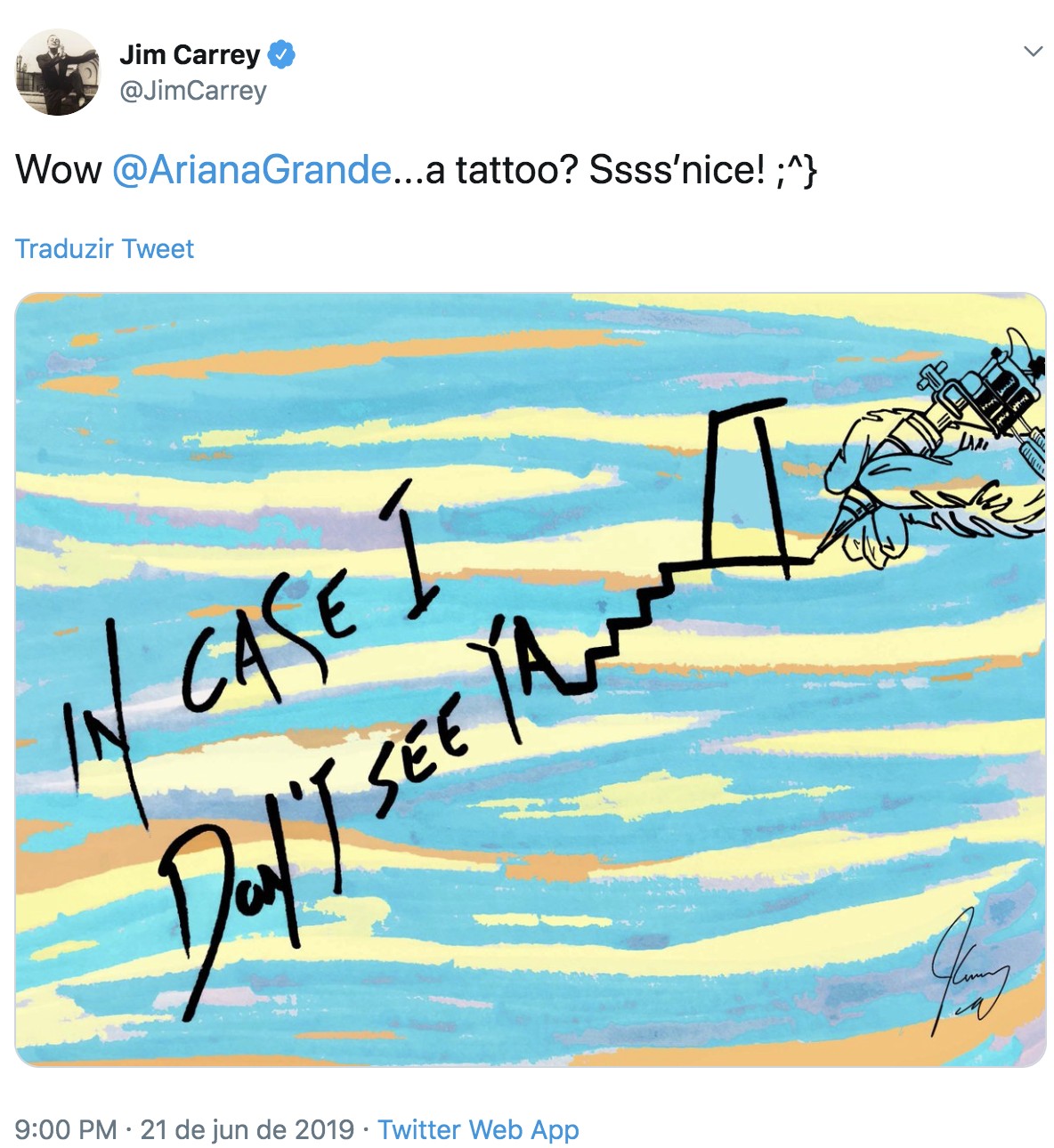 Jim Carrey tuitou sobre a tatuagem de Ariana (Foto: Twitter / Jim Carrey)