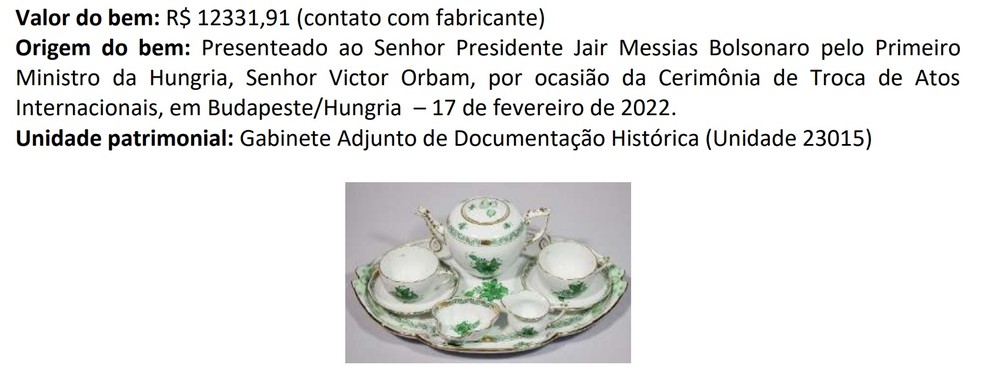 Jogo de chá foi presente da Hungria para Bolsonaro — Foto: Reprodução