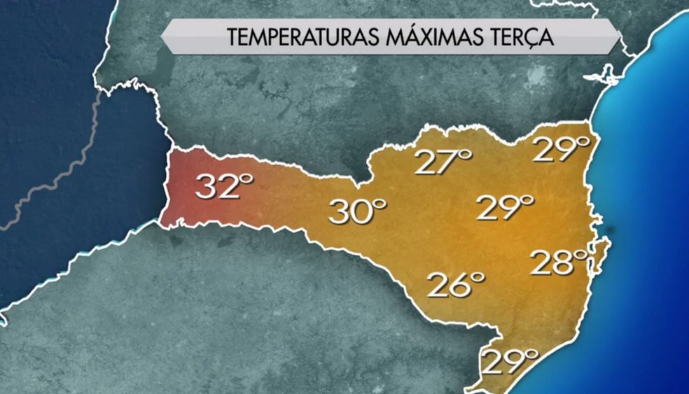Temperaturas máximas previstas para esta terça-feira (Foto: Reprodução/NSC TV)