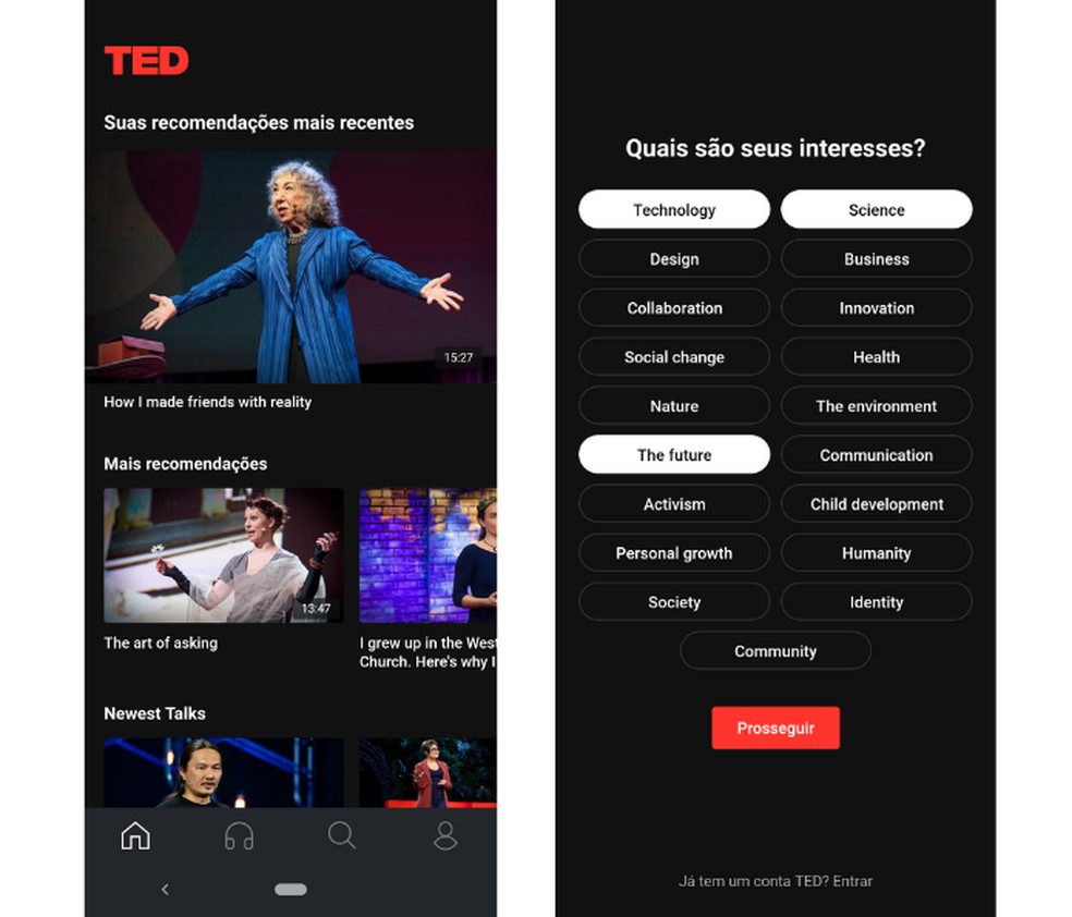 Páginas iniciais do TED, que oferece palestras construtivas de acordo com os interesses dos usuários  — Foto: Reprodução/Mariana Tralback