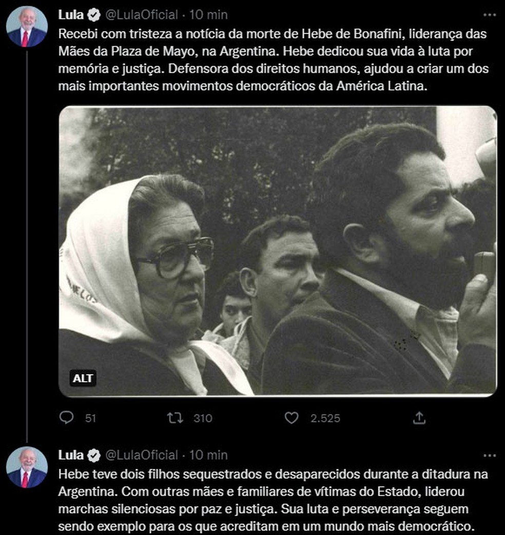 Lula lamentou a morte de Hebe de Bonafini em post no Twitter — Foto: Reprodução