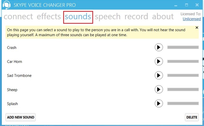 Em Sounds, você pode adicionar um som de buzina ou colisão durante a conversa (Foto: Reprodução/Skype Voice Changer)