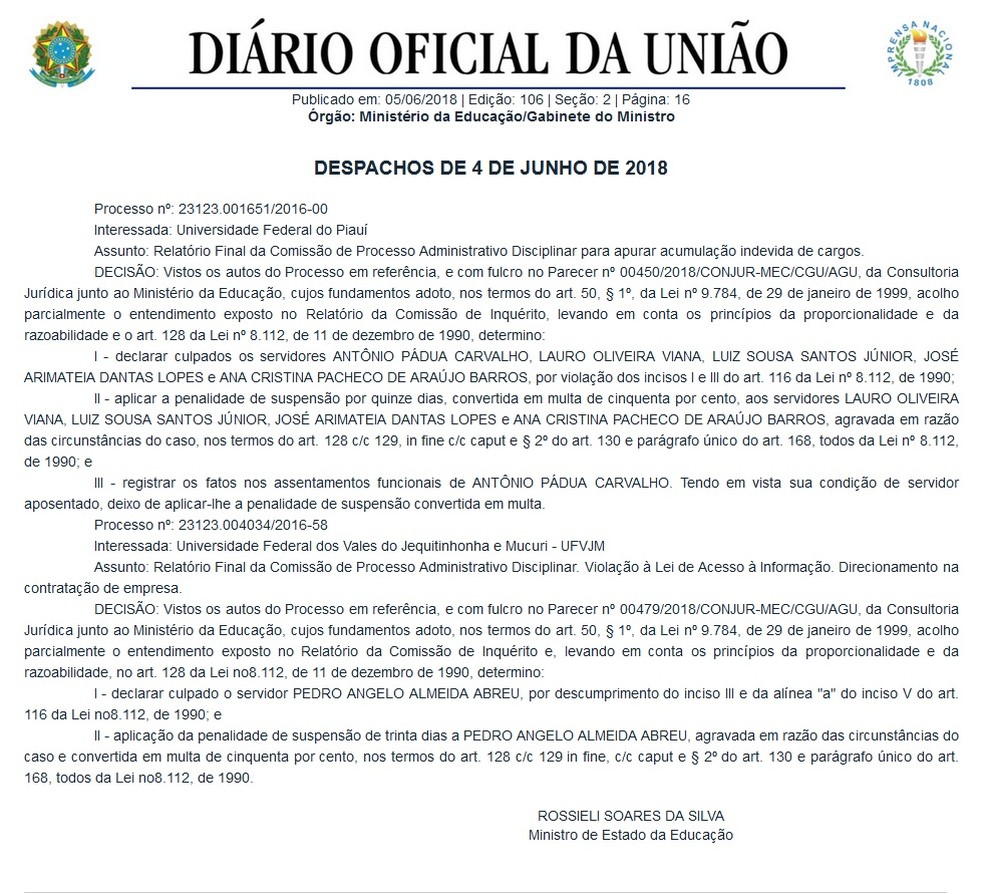 DecisÃ£o foi publicada no dia 4 de junho no DiÃ¡rio Oficial da UniÃ£o. (Foto: DivulgaÃ§Ã£o)