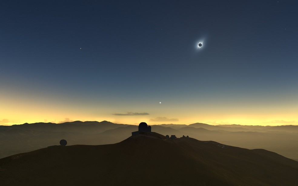 Previsão de como será a visualização do eclipse no Observatório La Silla, no Chile — Foto: ESO