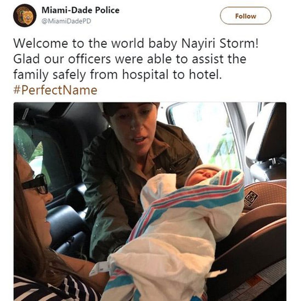 'Bem-vinda ao mundo, bebê Nayiri Storm', diz tuíte da polícia  (Foto: Reprodução/Twitter)