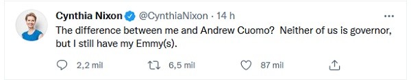 A provocação feita por Cynthia Nixon a Andrew Cuomo no Twitter (Foto: Twitter)