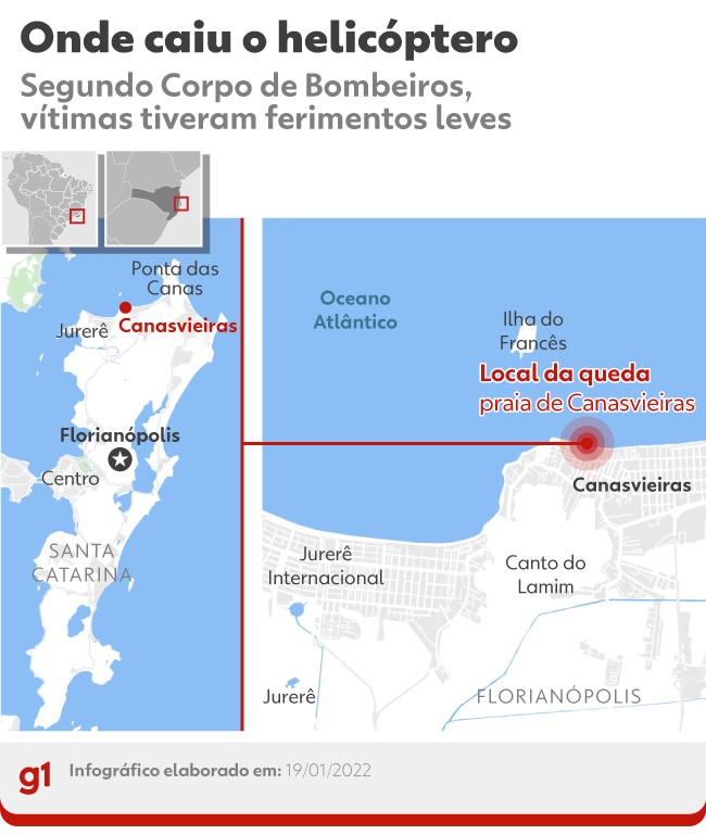 Vídeo aéreo mostra movimentação após queda de helicóptero no mar em praia de Florianópolis