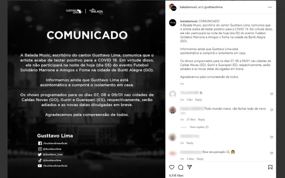 Gusttavo Lima testa positivo para Covid-19 — Foto: Reprodução/Instagram