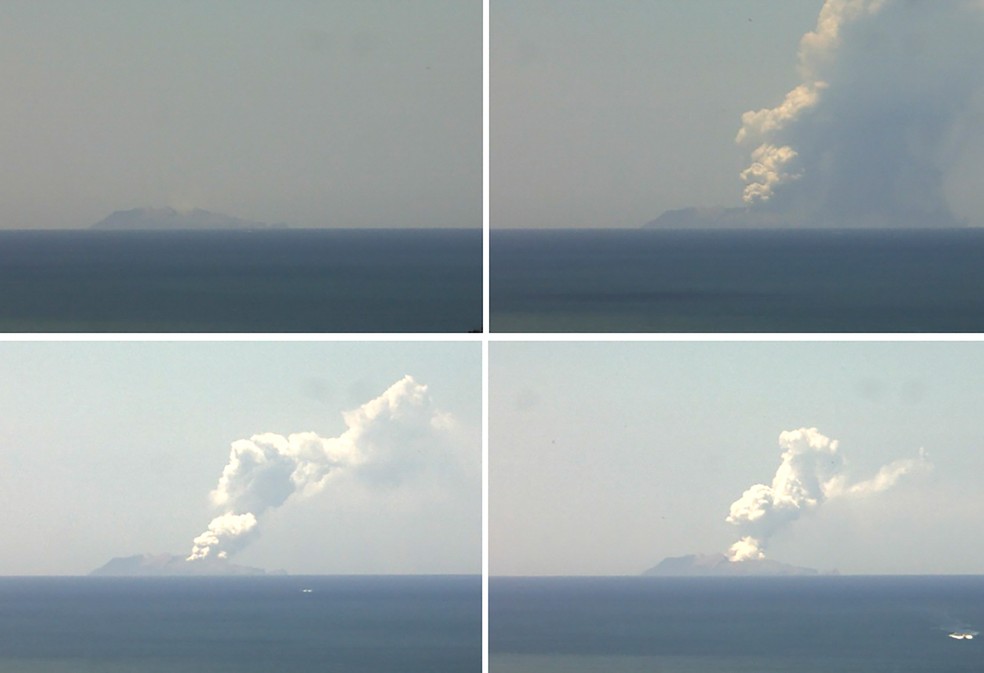 Combinação de imagens do Instituto Ciências Geológicas e Naturais mostra o momento em que o vulcão da Ilha Branca, na Nova Zelândia, entra em erupção — Foto: Instituto Ciências Geológicas e Naturais/Divulgação via AFP