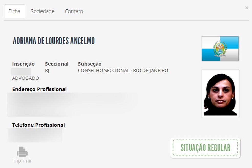 Registro de Adriana Ancelmo na OAB do Rio de Janeiro está regular — Foto: Reprodução/ OAB-RJ