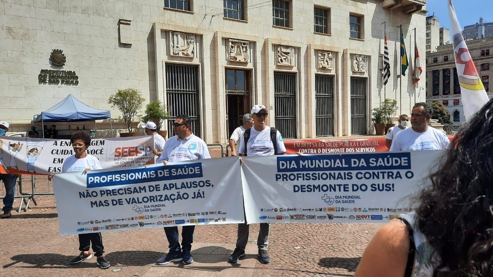 Servidores da Saúde de São Paulo fazem ato em comemoração ao 'Dia Mundial da Saúde', no Centro da capital paulista. — Foto: Acervo pessoal