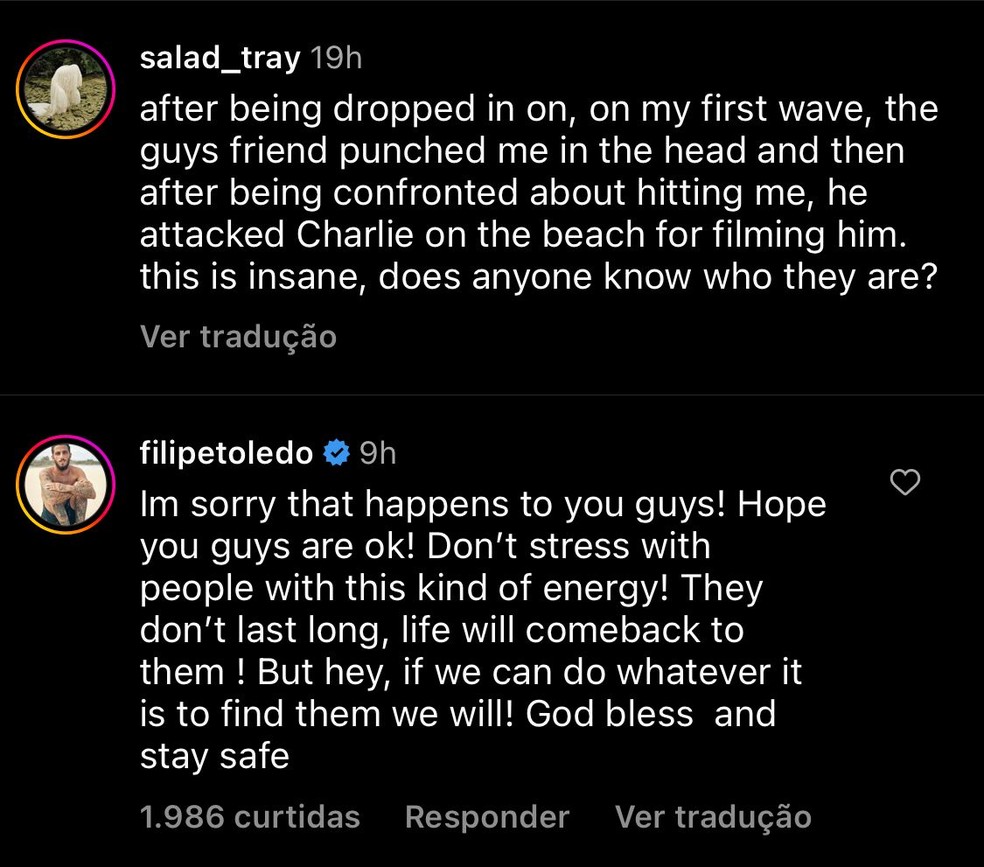 Surfista brasileiro comentou a publica&ccedil;&atilde;o da americana agredida  &mdash; Foto: Reprodu&ccedil;&atilde;o / Redes Sociais