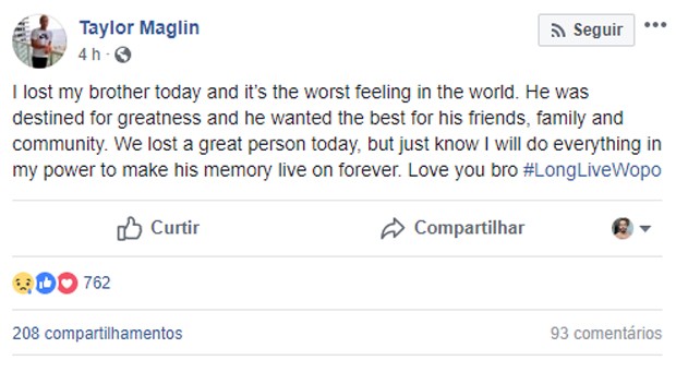 Taylor Maglin, empresário de Jimmy Wopo, confirma morte do rapper (Foto: Reprodução/Facebook)