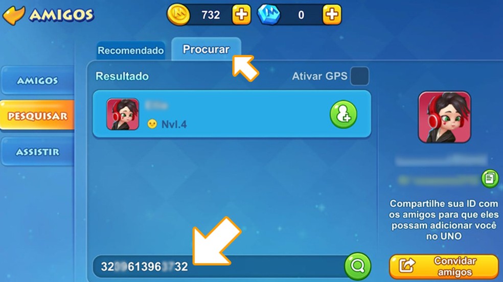 Na aba "Pesquisar" de UNO toque em "Procurar" e coloque o ID de seu amigo — Foto: Reprodução/Rafael Monteiro