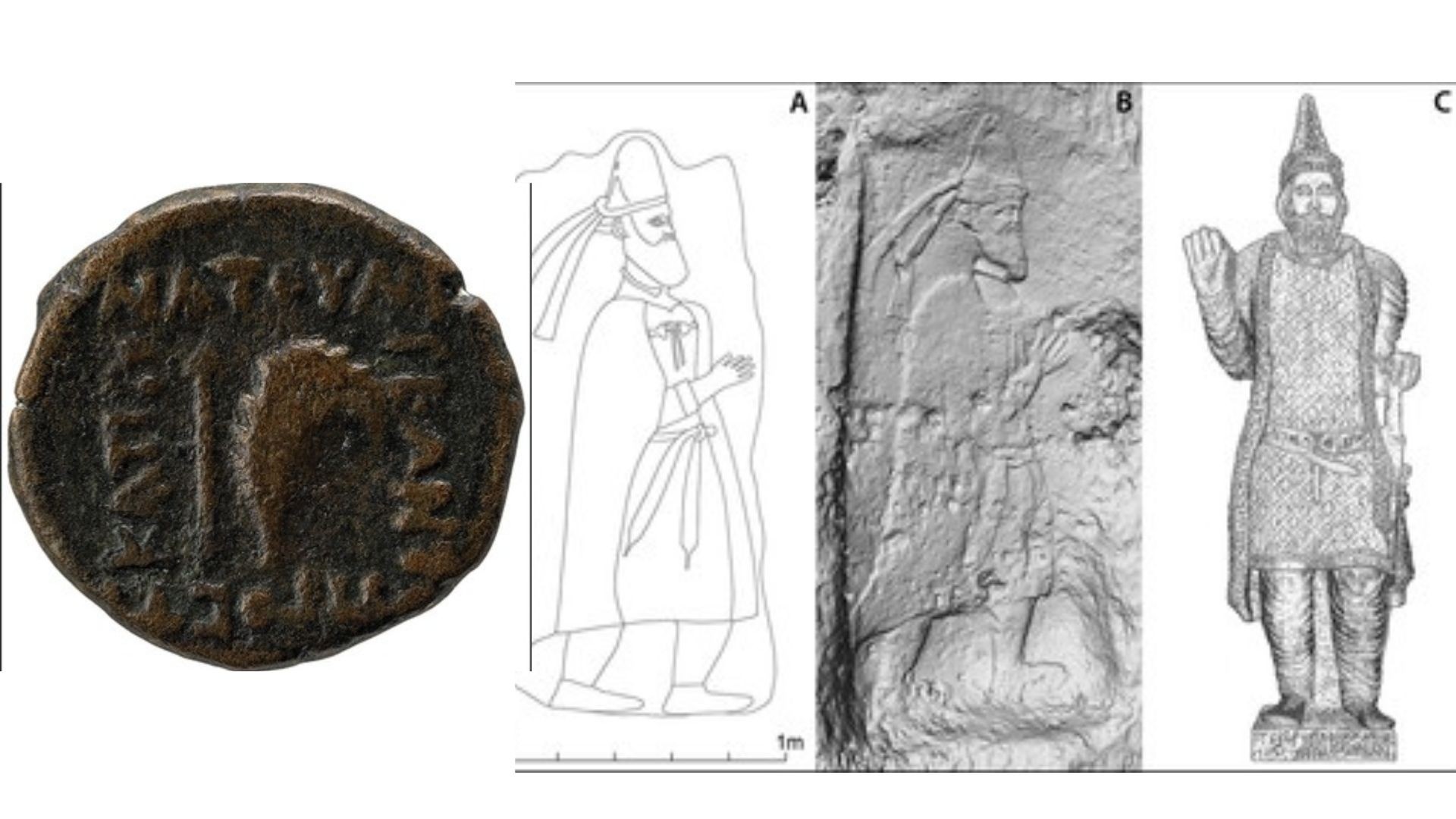 Moeda de Natounia descoberta nas escavações e desenho de rei em pedra (Foto: Rabana-Merquly Archaeological Project/The Trustees of the British Museum)
