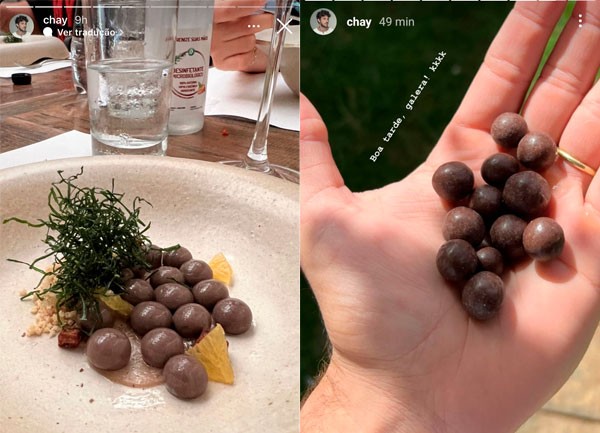À esquerda, stories de Chay Suede com feijoada que viralizou na web; à direita, o ator segura bolas de cereal cobertas com chocolate, semelhantes ao prato (Foto: Reprodução/Instagram)