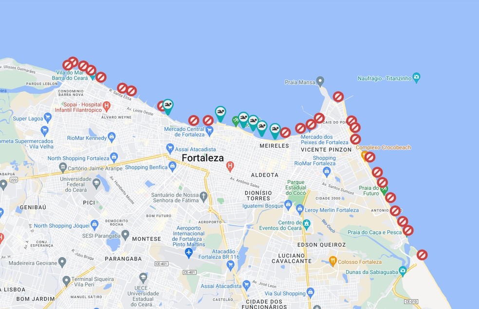 Mapa de praias próprias e impróprias para banho em Fortaleza. — Foto: Semace/Reprodução