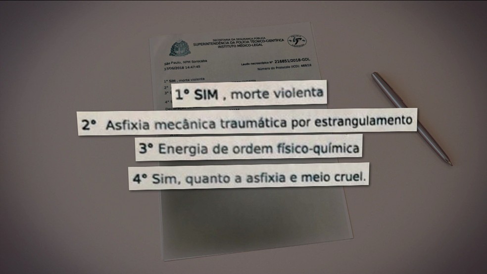 Laudo do IML aponta que VitÃ³ria Gabrielly morreu por asfixia mecÃ¢nica por estrangulamento (Foto: TV Globo/ReproduÃ§Ã£o)
