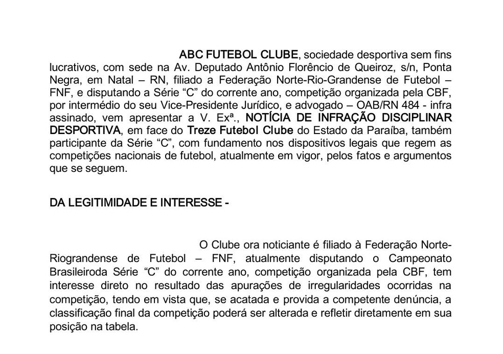 NotÃ­cia de infraÃ§Ã£o, ABC, Treze, STJD â Foto: ReproduÃ§Ã£o