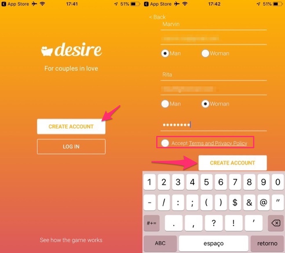 Como criar um cadastro no aplicativo Desire para apimentar sua relação amorosa — Foto: Reprodução/Marvin Costa