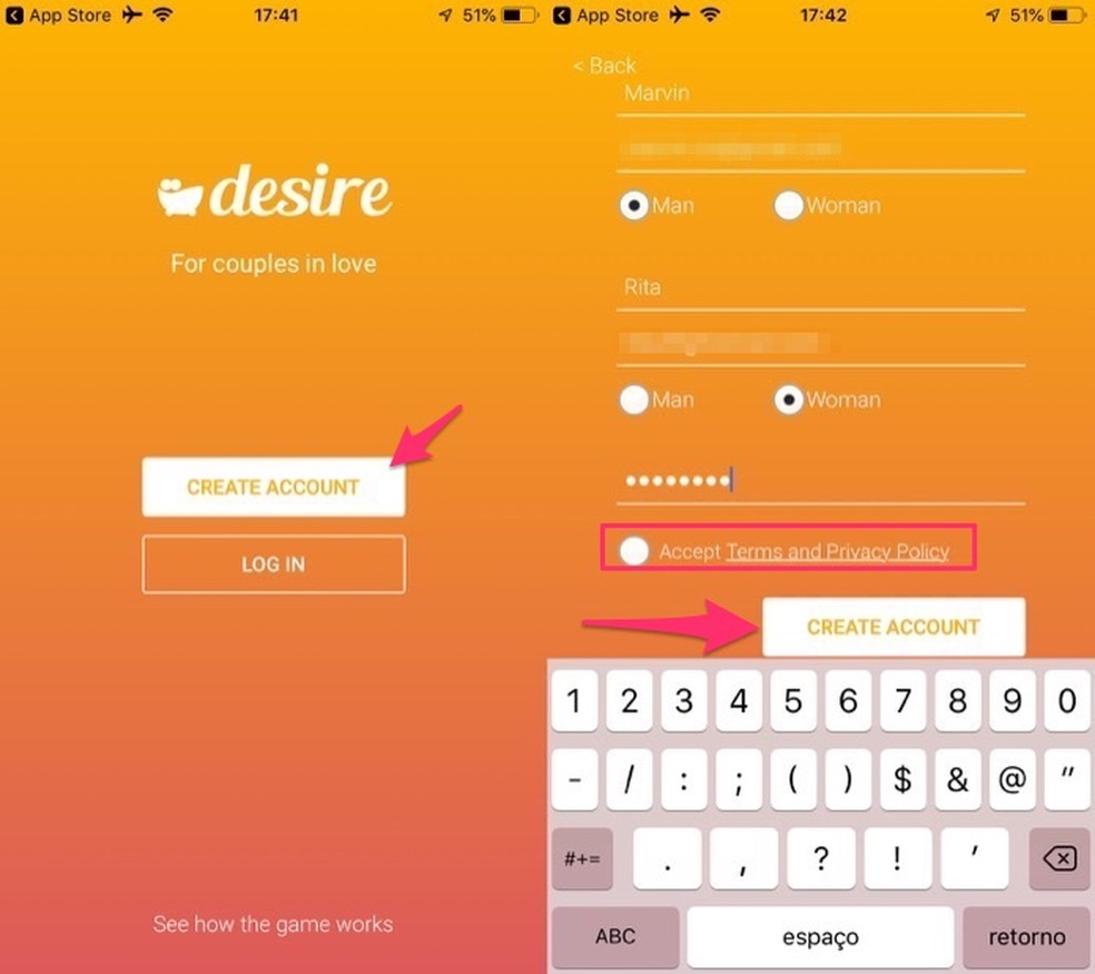 Como criar um cadastro no aplicativo Desire para apimentar sua relação amorosa — Foto: Reprodução/Marvin Costa