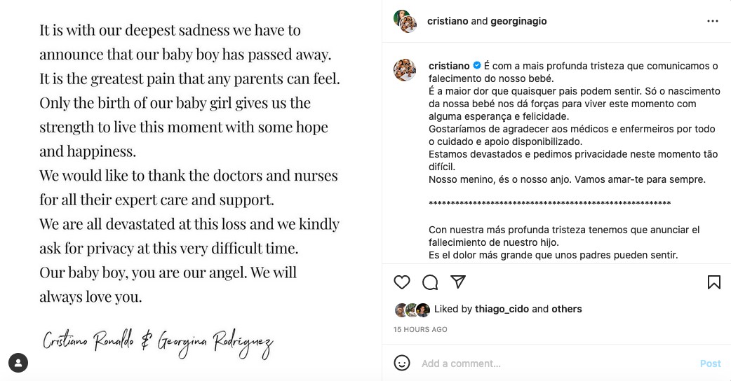 O post com o qual Cristiano Ronaldo e Georgina Rodriguez anunciaram a morte de um dos gêmeos esperados por eles e o nascimento do outro bebê (Foto: Instagram)