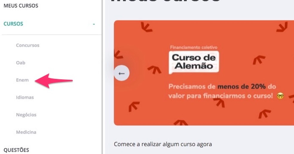 Ação para visualizar cursos para o Enem no site Kultivi — Foto: Reprodução/Marvin Costa