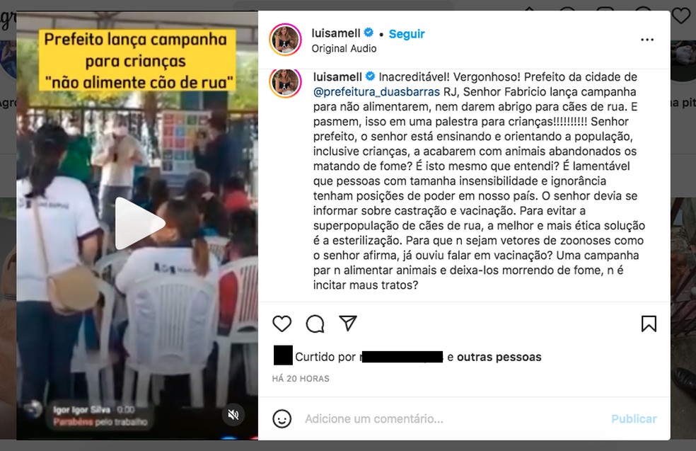 Ativista Luisa Mell se posiciona contra discurso de prefeito no RJ que orientou população a não alimentar cães de rua — Foto: Reprodução/Redes sociais