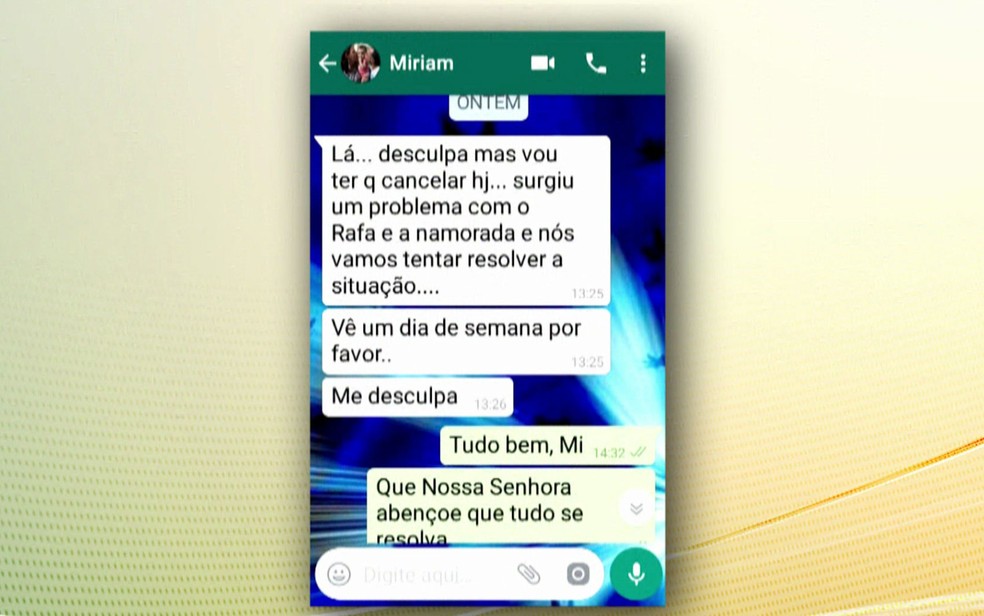 Mãe de Rafael Miguel enviou mensagem para uma amiga antes de ser assassinada — Foto: TV Globo/Reprodução