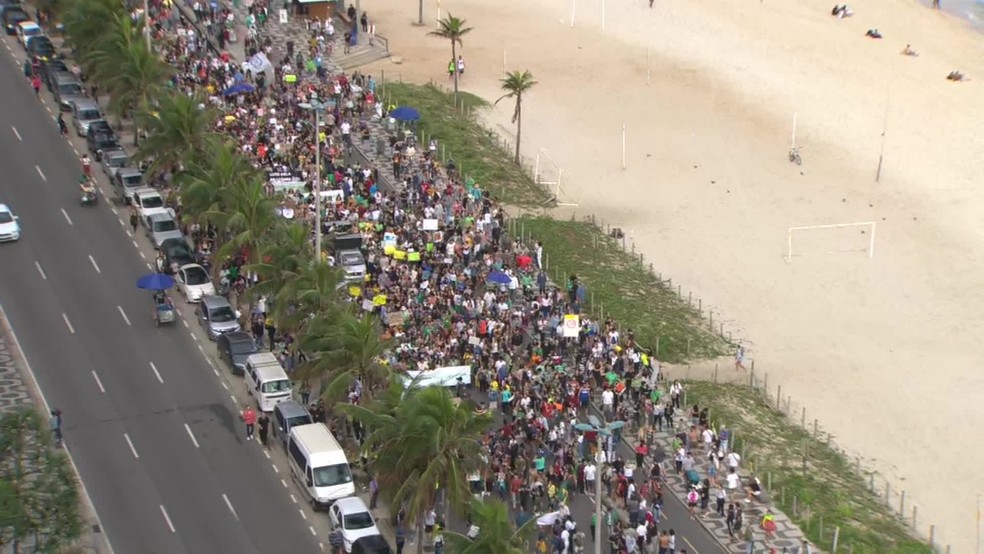 Manifestantes protestam pela preservaÃ§Ã£o da AmazÃ´nia em Ipanema â€” Foto: ReproduÃ§Ã£o/GloboNews