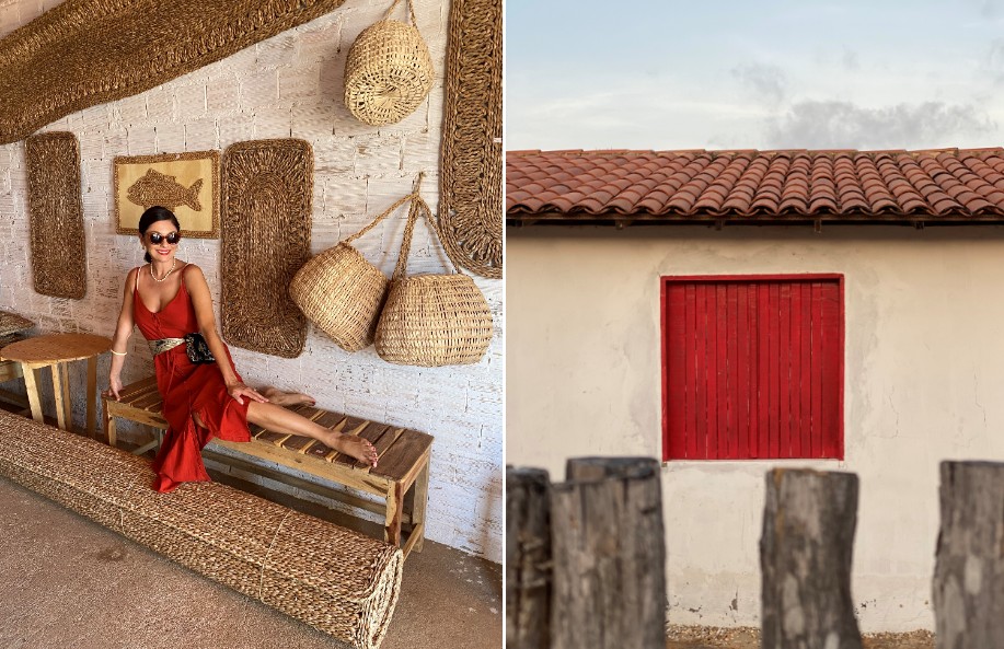 Artesanato: a apresentadora Camilla Guebur em loja de cestarias de tabôa em Ilha Grande de Santa Isabel e fachada de uma casa local (Foto: Divulgação)