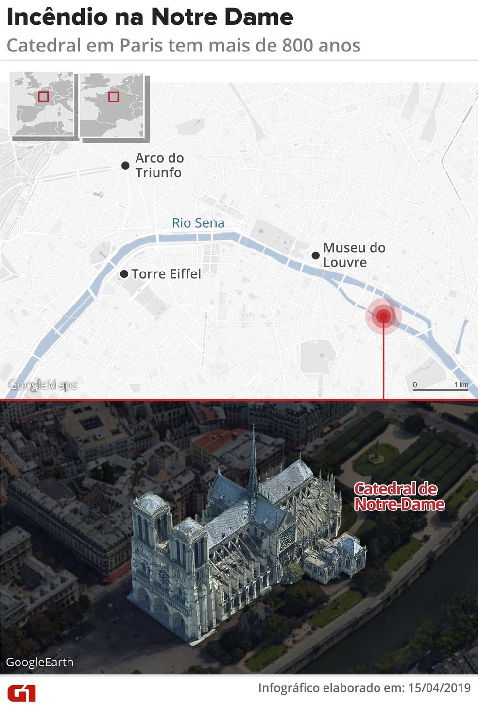 Mapa mostra onde fica a catedral de Notre-Dame, em Paris, que pegou fogo — Foto: Infografia: Rodrigo Sanches/G1