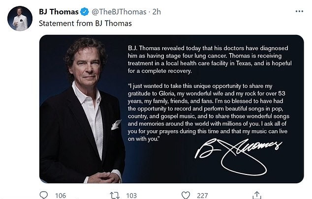O post da equipe do músico B.J. Thomas revelando a doença do artista (Foto: Twitter)