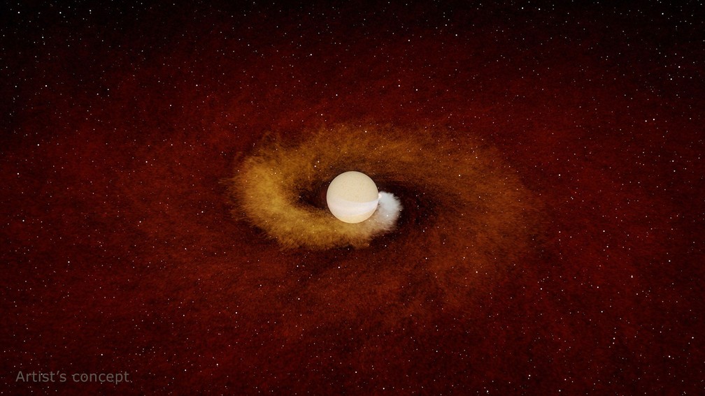 Nesta outra representação artística podemos ver a estrela durante seu 'jantar', enquanto o planeta que está sendo devorado puxa gás para longe da estrela, deixando uma trilha em espiral no espaço. — Foto: R. Hurt & K. Miller (Caltech/IPAC)