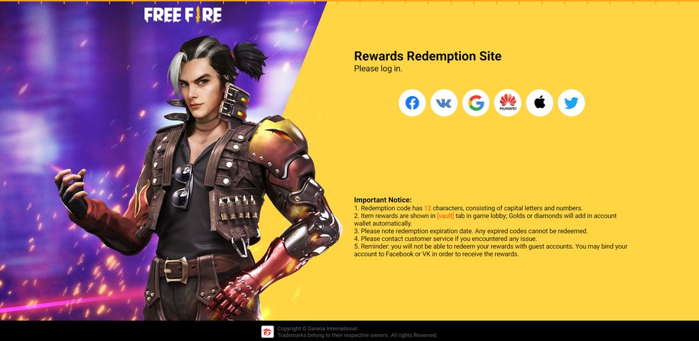 Free Fire Rewards é a plataforma oficial da Garena para "codiguins" — Foto: Reprodução/Free Fire Rewards