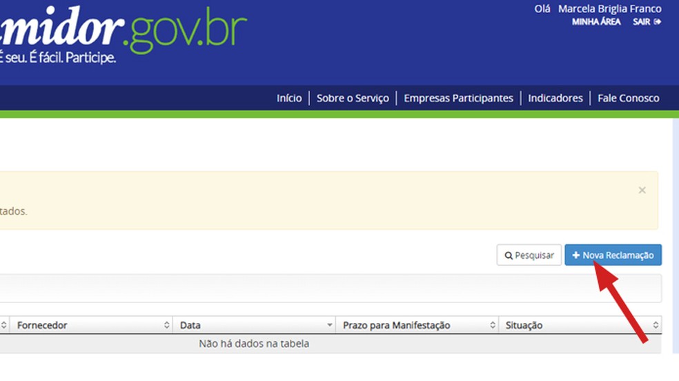 Ação para registrar uma reclamação no site Consumidor.gov.br — Foto: Reprodução/Marcela Franco