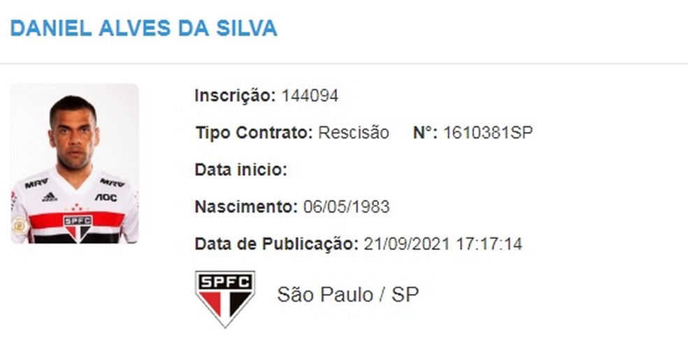 Daniel Alves tem rescisão com o São Paulo publicada — Foto: Reprodução
