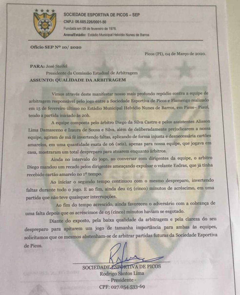 Ofício Picos — Foto: Divulgação/SE Picos