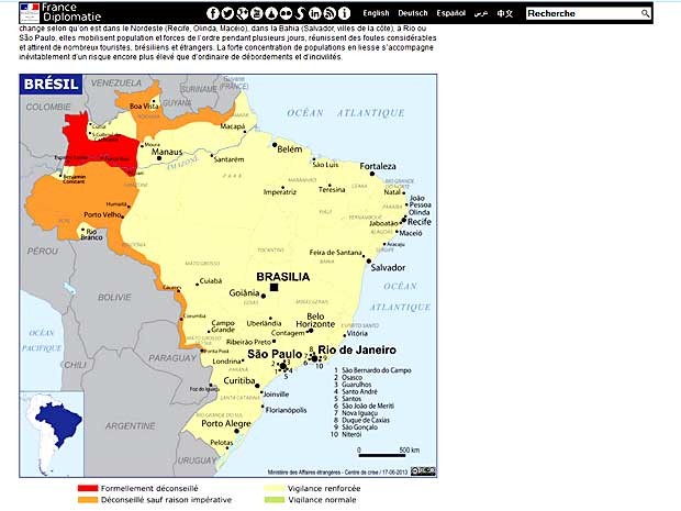 Reprodução de mapa publicado em site do governo da França mostra 'áreas de risco' para a segurança de turstas (Foto: Reprodução)