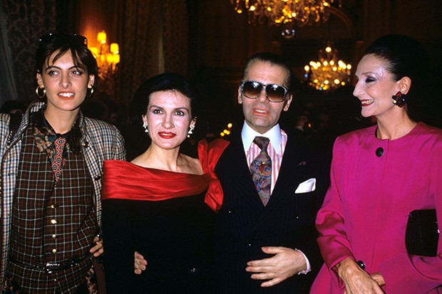 Ines De La Fressange, Paloma Picasso, Karl Lagerfeld,and Jacqueline De Ribes, Paloma Picasso's jewellery collection launch for Tiffany's in 1986 (Foto: Rex Features)